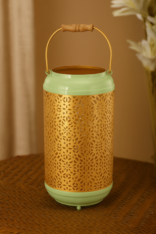 Mint Gold Floral Cut Metal Lantern with Wooden Handle – Elegant Ambient Decor