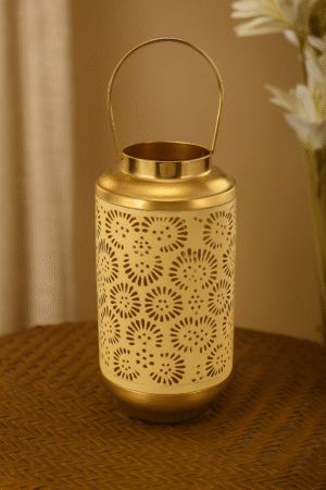 Ivory Gold Floral Cutout Metal Lantern – Premium Home Décor Accent