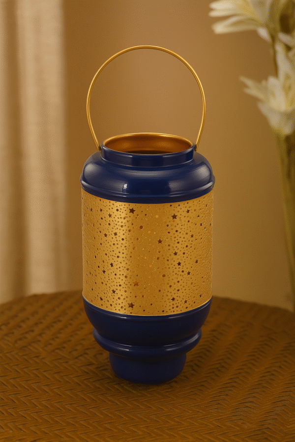 Midnight Blue & Gold Starry Cutout Metal Lantern – Celestial Theme Home Decor