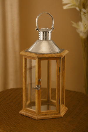 Rustic HexaGlow Wooden & Stainless Steel Lantern – Premium Glass Pane Candle Holder