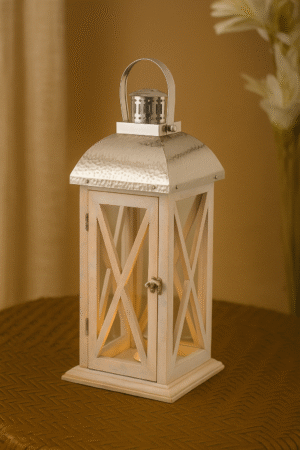 "Silver Crest Wooden Lantern – Rustic Elegance for Home Décor"
