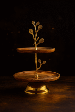 “Golden Leaf Tiered Wooden Cake Stand”