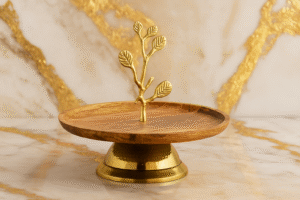 "Regal Branch Wooden & Brass Cake Stand – Luxe Tabletop Centerpiece"