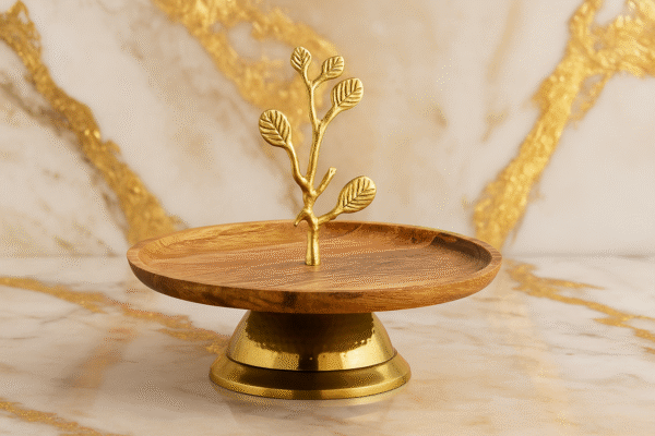 "Regal Branch Wooden & Brass Cake Stand – Luxe Tabletop Centerpiece"