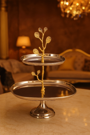 2-Tier Stainless Steel & Gold Leaf Dessert Stand