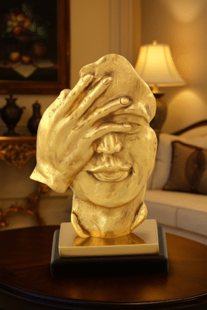 “Golden Mystery Face Sculpture” – Luxury Abstract Art for Home Decor