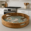 Mynah Enamel Table Decor Round Wooden Serving Tray | Decorative Breakfast Vanity