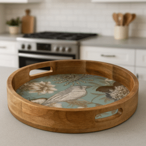 Mynah Enamel Table Decor Round Wooden Serving Tray | Decorative Breakfast Vanity