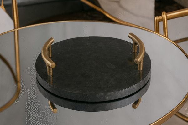 Round Marble Green Stone 10.25" Dia Serving/Vanity with Golden Handle- Serving Platter, Fruit Tray, Coffee Table Tray