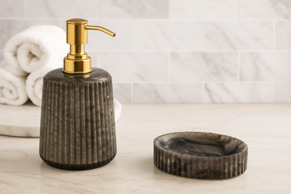 Modern Black Soap Dispenser and Soap Dish Set - Resin