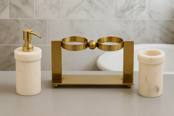 Premium Marble & Brass Finish Bathroom Set – Soap Dispenser + Toothbrush & Toothpaste Holder