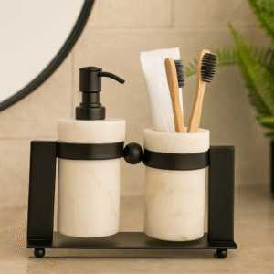 Marble Bathroom Accessory Set (2-Piece) – Soap Dispenser & Toothbrush Holder with Black Iron Stand