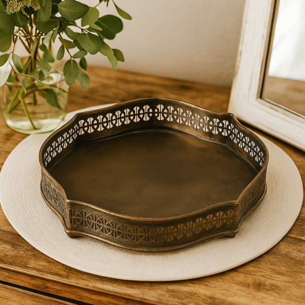 Antq Brass Luxury Perforated Classic Round Gift Tray 10.75" x 2" 'Made in India'
