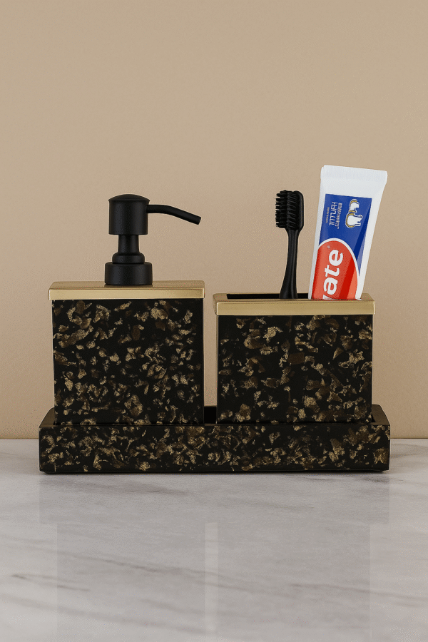 Resin Gold & Black Foil Bathroom Accessory Set of 3, Soap Dispenser, Tumbler & Tray (Square Shape) Size - (24 x 8 x 15) Cm