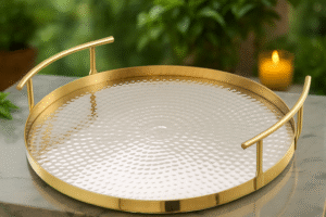 Export Quality Stainless Steel Serving Tray with Champagne Gold & Hammered Shiny Finish, Size(14L*14W*2.7H) Made in India