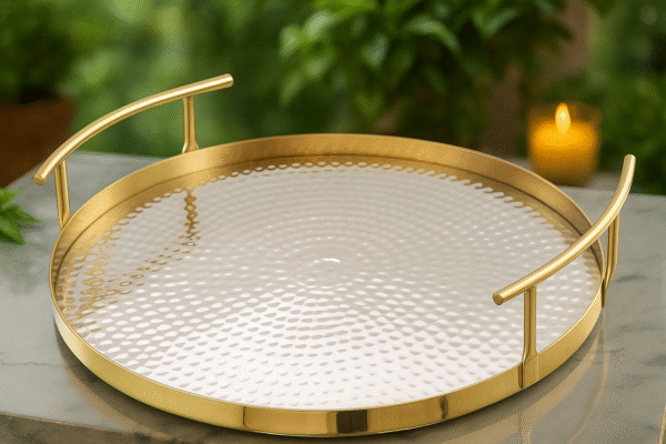 Export Quality Stainless Steel Serving Tray with Champagne Gold & Hammered Shiny Finish, Size(14L*14W*2.7H) Made in India