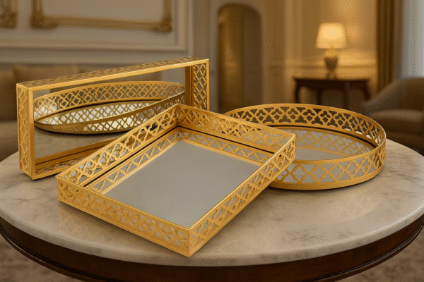 Decorative Mirror Tray for Serving (Rectangular, Square, Round), (Gold) Set of 3 Pcs