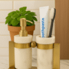 Premium Marble & Brass Finish Bathroom Set – Soap Dispenser + Toothbrush & Toothpaste Holder