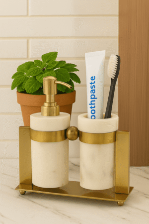 Premium Marble & Brass Finish Bathroom Set – Soap Dispenser + Toothbrush & Toothpaste Holder