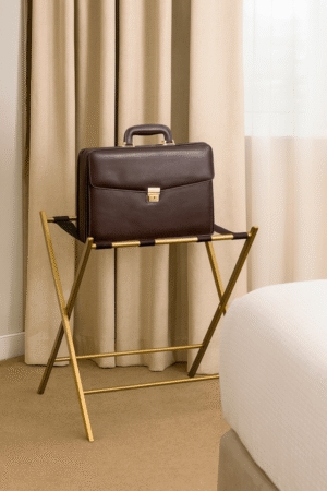 Elegant Gold Folding Luggage Rack with Black Straps