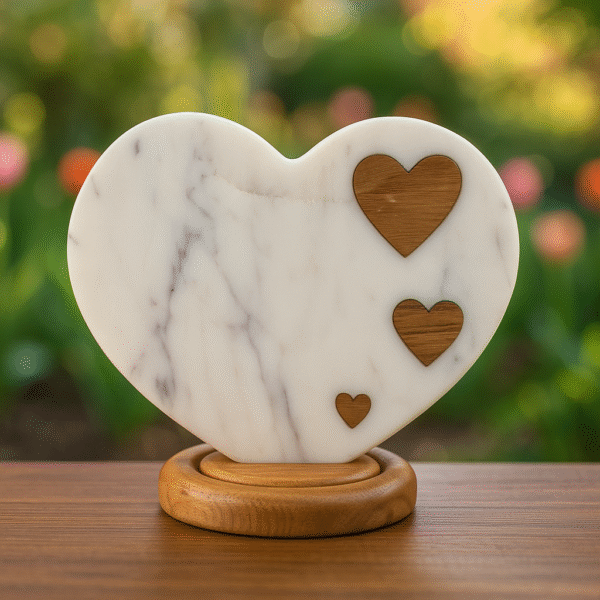 Elegant Marble Heart with Wooden Inlay – Decorative Showpiece