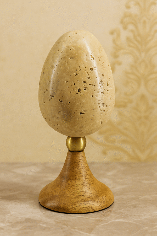 Travertine Stone Egg on Wooden Stand – Luxury Decorative Showpiece