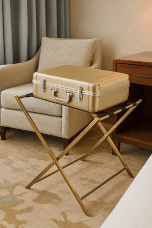 Gold Hard Case on Folding Luggage Rack