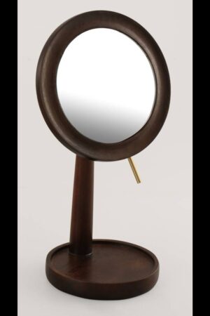 Premium Wooden Tabletop Vanity Mirror with Storage Base – Round Makeup & Grooming Mirror with Elegant Design