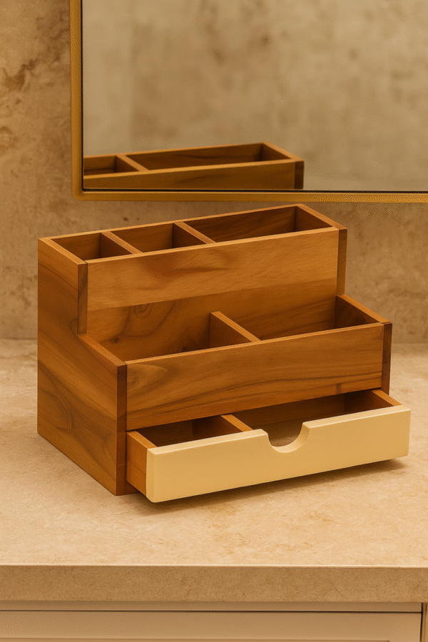 Wooden Desktop Organizer with Multiple Compartments and Drawer