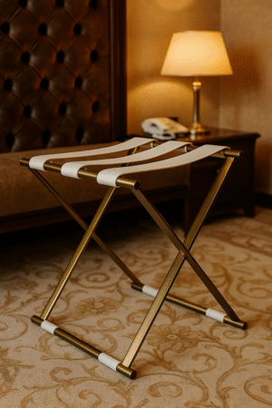 Luxury Foldable Luggage Rack with Gold Frame & White Straps