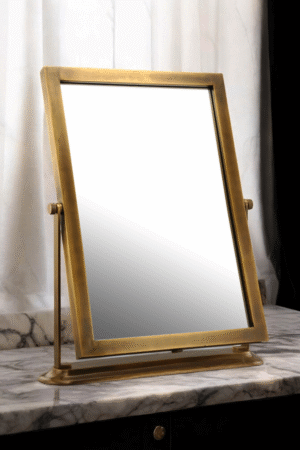 Luxury Gold Finish Tabletop Vanity Mirror – Adjustable Stand, Elegant Brass Frame, Decorative Bathroom & Makeup Mirror