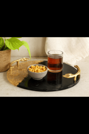 Luxury Black & Gold Resin Serving Tray – Elegant Decorative Tray with Designer Handles (14" Dia & 2.5" H) Made in India
