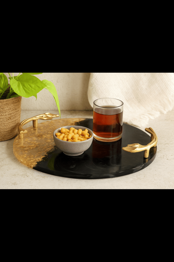 Luxury Black & Gold Resin Serving Tray – Elegant Decorative Tray with Designer Handles (14" Dia & 2.5" H) Made in India