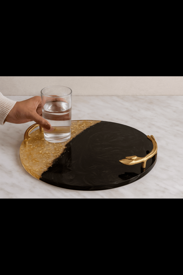 Luxury Black & Gold Resin Serving Tray – Elegant Decorative Tray with Designer Handles (14" Dia & 2.5" H) Made in India