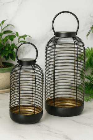 Decorative Metal Wire Lanterns Set of 2 – Black & Gold Finish | Modern Home & Outdoor Candle Holders with Handle