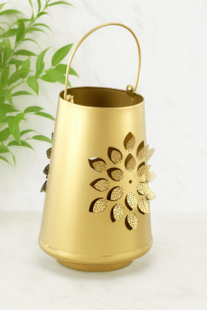 Golden Floral Cutwork Metal Decorative Lantern with Handle