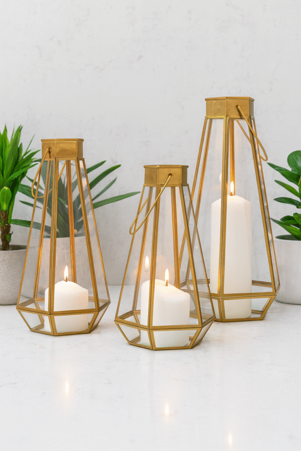 Luxury Geometric Metal & Glass Candle Lanterns – Set of 3 Decorative Gold Finish Holders for Pillar Candles
