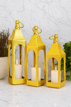 Luxury Golden Metal Lantern Set of 3 – Decorative Candle Holders