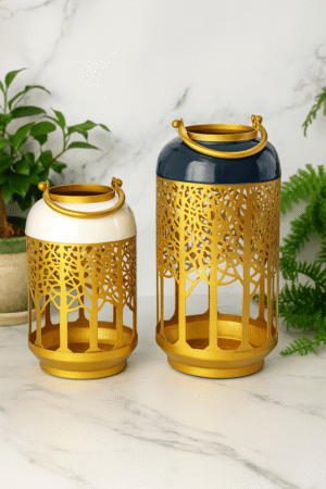 Set of 2 Decorative Golden Tree Cut-Out Lanterns with Glossy Finish (Navy Blue & Ivory White Tops)
