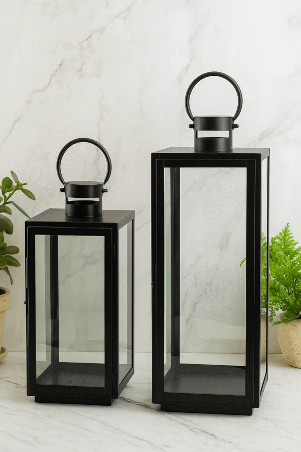Decorative Lantern Set – Black Frame with Clear Glass