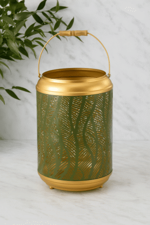 ecorative Metal Lantern with Leaf Cutwork Design – Green & Gold Finish | Candle Holder with Handle for Home & Outdoor Décor