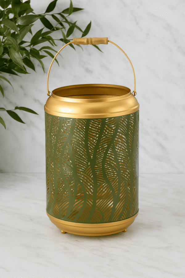 ecorative Metal Lantern with Leaf Cutwork Design – Green & Gold Finish | Candle Holder with Handle for Home & Outdoor Décor