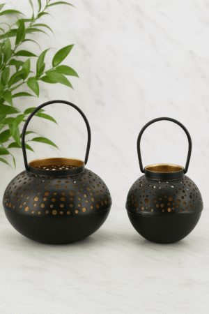 Decorative Metal Lanterns Set of 2 – Black & Gold Polka Dot Design | Round Candle Holders with Handle for Home & Outdoor Décor