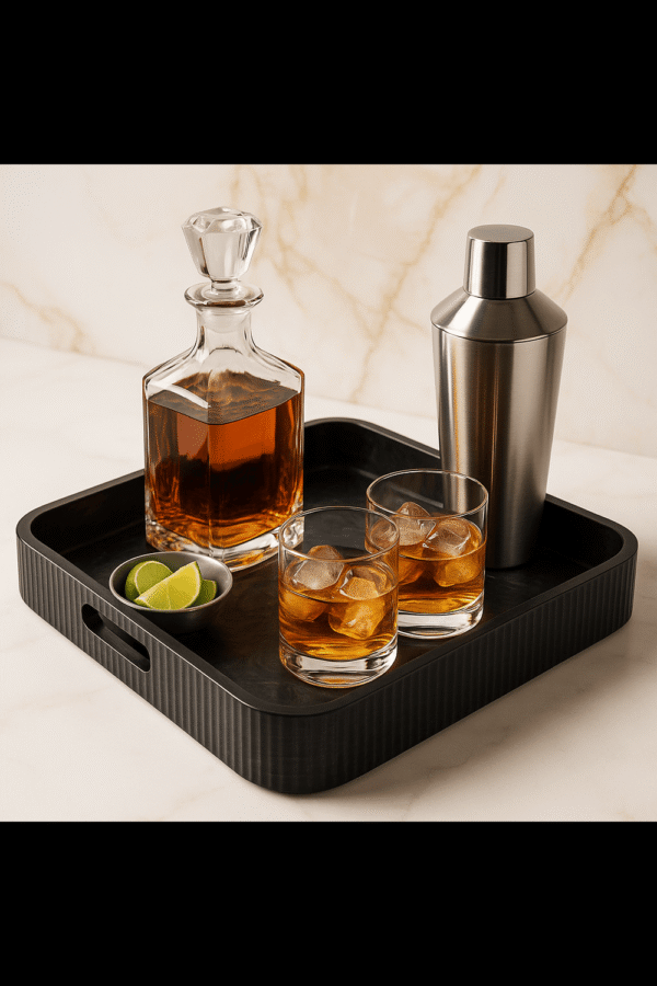 Luxury Black Bar Tray with Decanter & Cocktail Set | Home Bar Décor